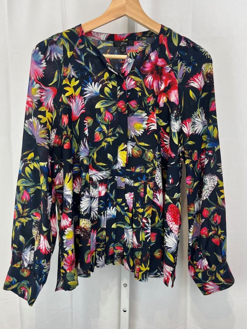 J.CREW Floral Silk Pleated Popover Top Long Sleeve K1822 Multicolor Size S